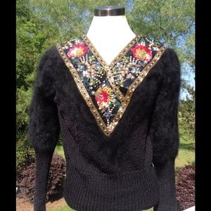 Vintage Mohair Black Sequin Sweater Pearl Beaded
